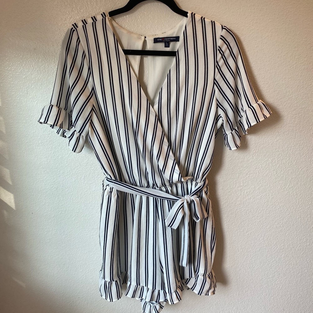 Navy blue and white striped romper